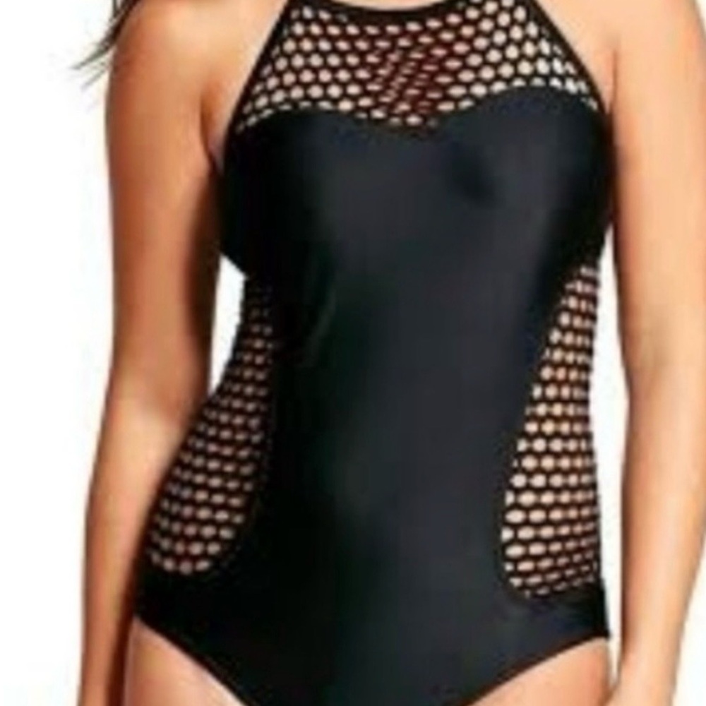 Black Halter One-Piece Swimsuit with Mesh inserts front, sides, and back Sz:M